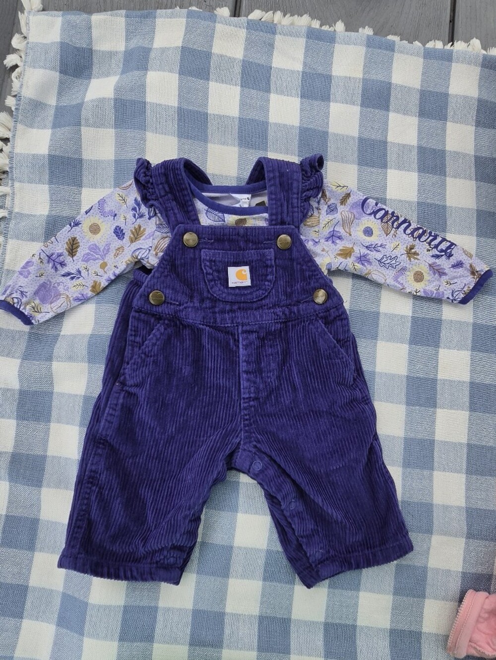 Carhartt Purple Corduroy Baby Overalls with Floral Bodysuit, 3 Months